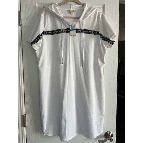 Michael Kors Hooded Popover Basic Dress Short Slv White/Black Spell Out Trim XL - Picture 1 of 8